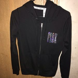 PINK Black Bedazzled Zipup Sweater